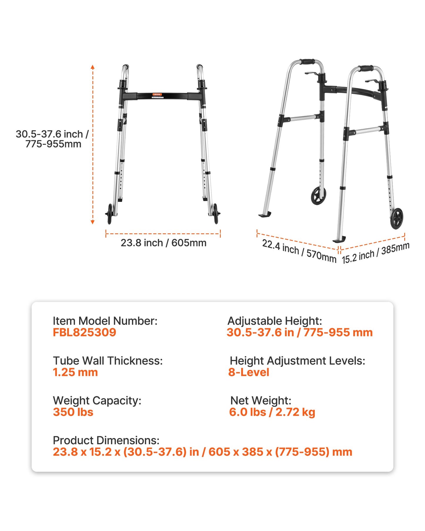 Folding Walker, 2-Button Foldable Walker with Solid Wheels & 8-Level Adjustable Height, 159KG Loading Lightweight Aluminum Mobility Walking Aid, Front-Wheeled Rolling Walkers for Seniors Adults