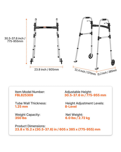 Folding Walker, 2-Button Foldable Walker with Solid Wheels & 8-Level Adjustable Height, 159KG Loading Lightweight Aluminum Mobility Walking Aid, Front-Wheeled Rolling Walkers for Seniors Adults