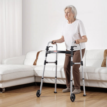 Folding Walker, 2-Button Foldable Walker with Solid Wheels & 8-Level Adjustable Height, 159KG Loading Lightweight Aluminum Mobility Walking Aid, Front-Wheeled Rolling Walkers for Seniors Adults