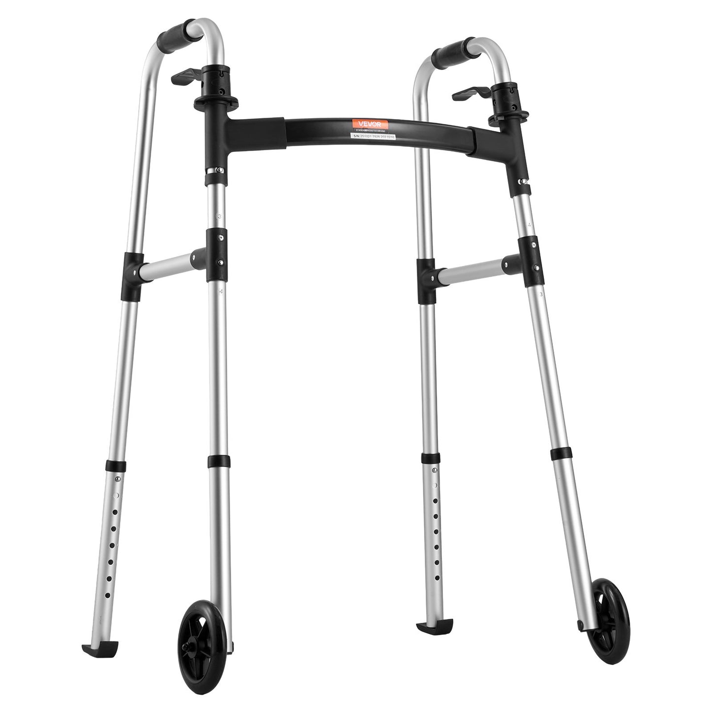 Folding Walker, 2-Button Foldable Walker with Solid Wheels & 8-Level Adjustable Height, 159KG Loading Lightweight Aluminum Mobility Walking Aid, Front-Wheeled Rolling Walkers for Seniors Adults