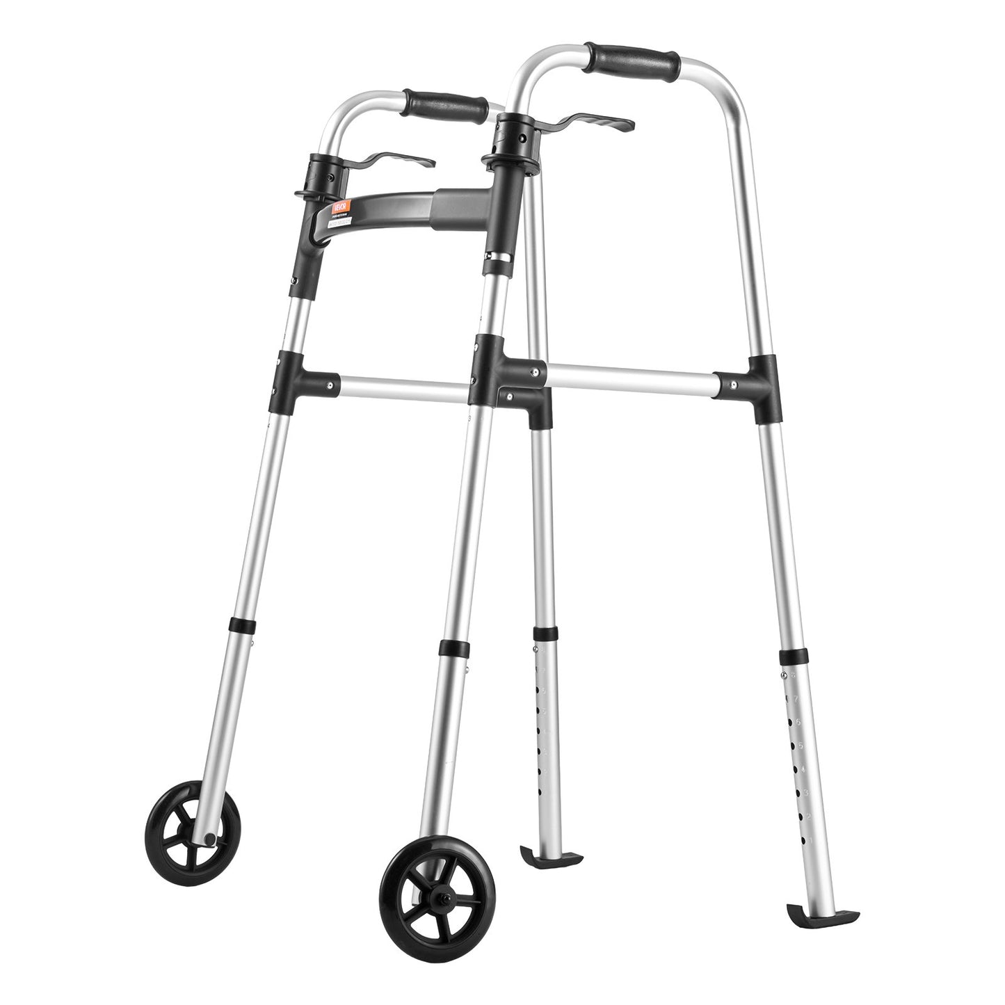 Folding Walker, 2-Button Foldable Walker with Solid Wheels & 8-Level Adjustable Height, 159KG Loading Lightweight Aluminum Mobility Walking Aid, Front-Wheeled Rolling Walkers for Seniors Adults