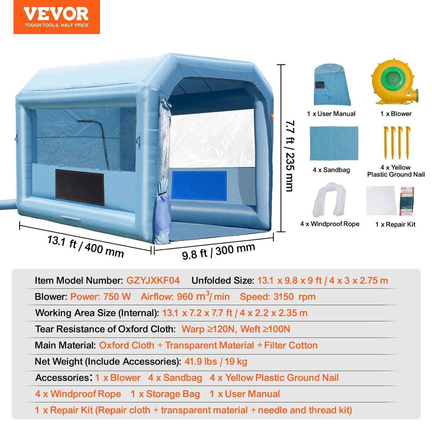 Portable Inflatable Paint Booth with 750W Blower, 4 x 3 x 2.75m - Car & Bike Use