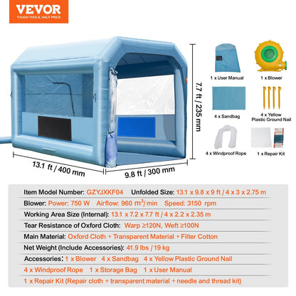 Portable Inflatable Paint Booth with 750W Blower, 4 x 3 x 2.75m - Car & Bike Use