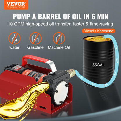 VEVOR Fuel Transfer Pump, 12V DC, 10 GPM, 8 m Lift, Portable Electric Diesel Transfer