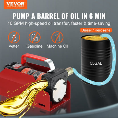 12V Portable Electric Diesel Transfer Pump with Auto Shut-off Nozzle, 37.8 LPM