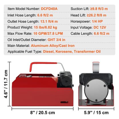 VEVOR Fuel Transfer Pump, 12V DC, 10 GPM, 8 m Lift, Portable Electric Diesel Transfer