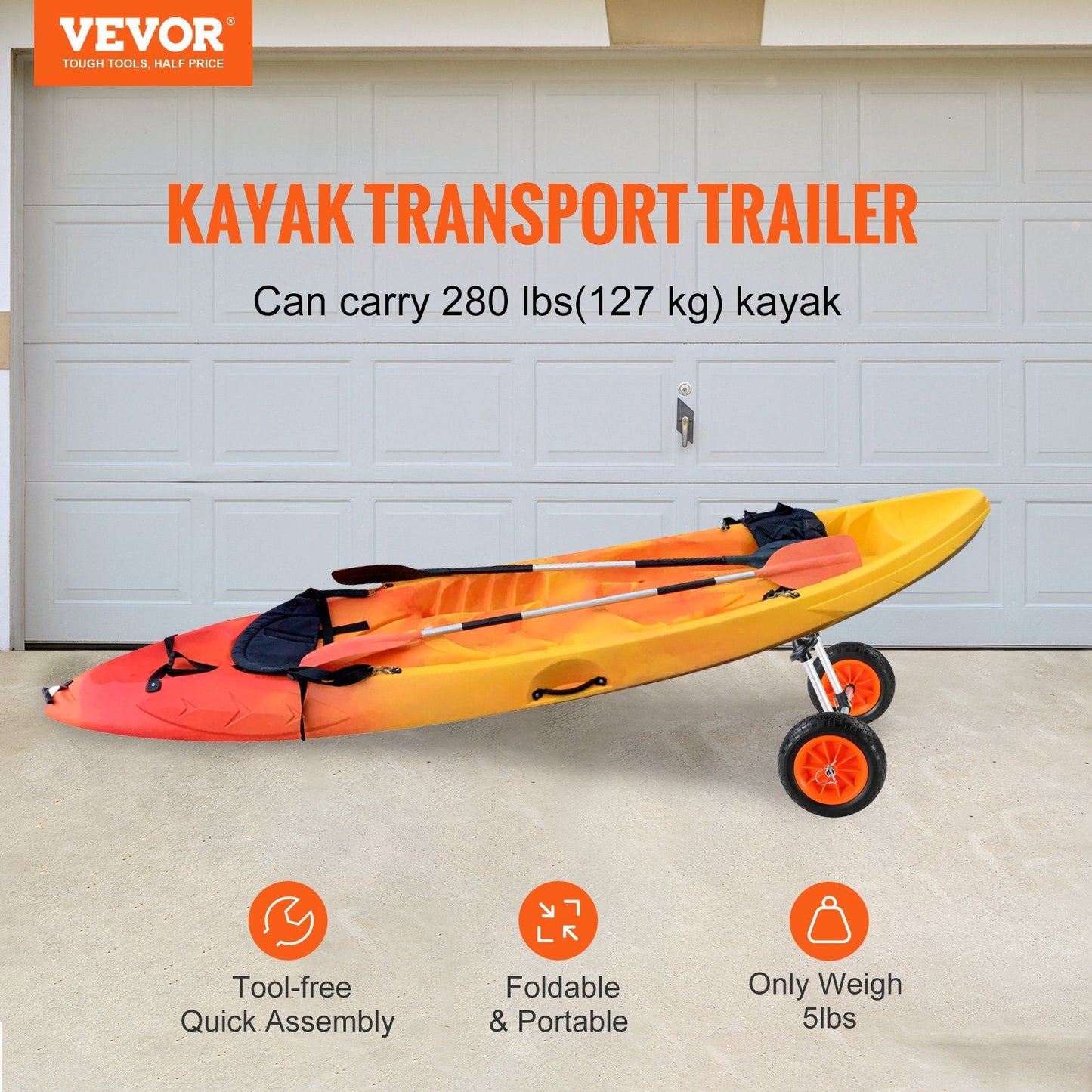 Adjustable Kayak and Canoe Carrier with Solid Tires, Holds Up to 127 kg