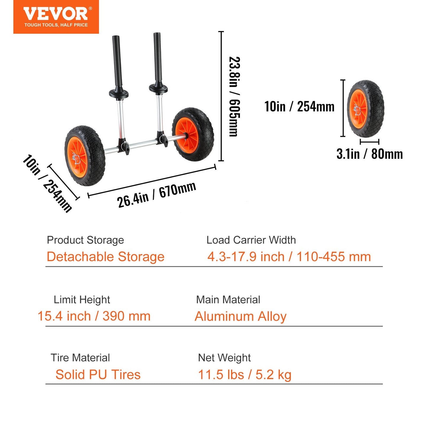 Adjustable Kayak and Canoe Carrier with Solid Tires, Holds Up to 127 kg