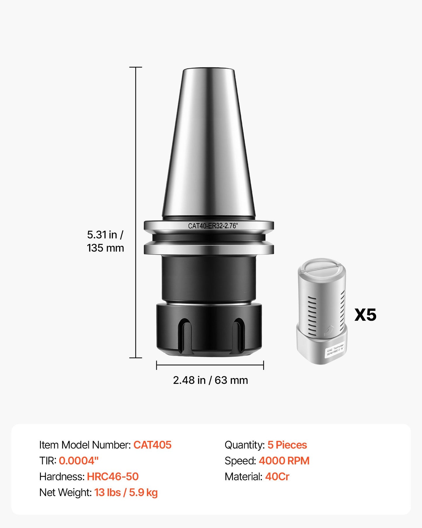 CAT40 Collet Holder ER32 5 Piece Precision Spring Collet Chuck Set, for Milling Machine Drill Presses, 4000 RPM Max Speed, CAT40 Tool Holder Spring Collet with 0.0004" TIR, Labeled Storage Box