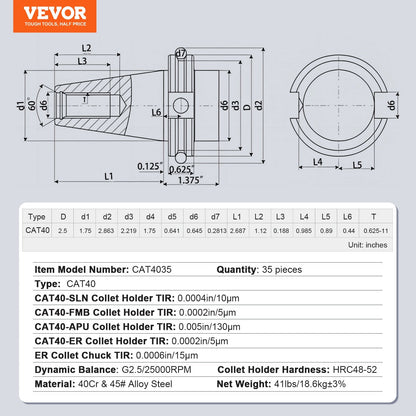 CAT40 Collet Holder Set, 35 Pcs with Pull Studs and Wrenches, for Milling