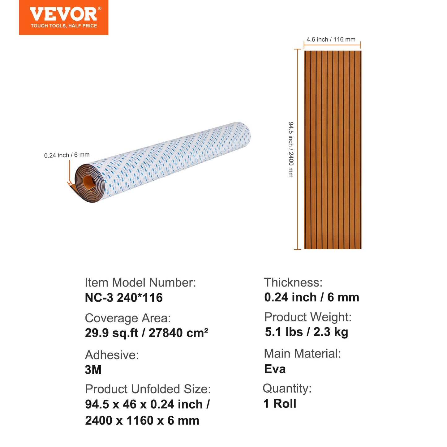 VEVOR Boat Flooring, EVA Foam Boat Decking 94.5" x 46", Non-Slip Self-Adhesive Flooring,