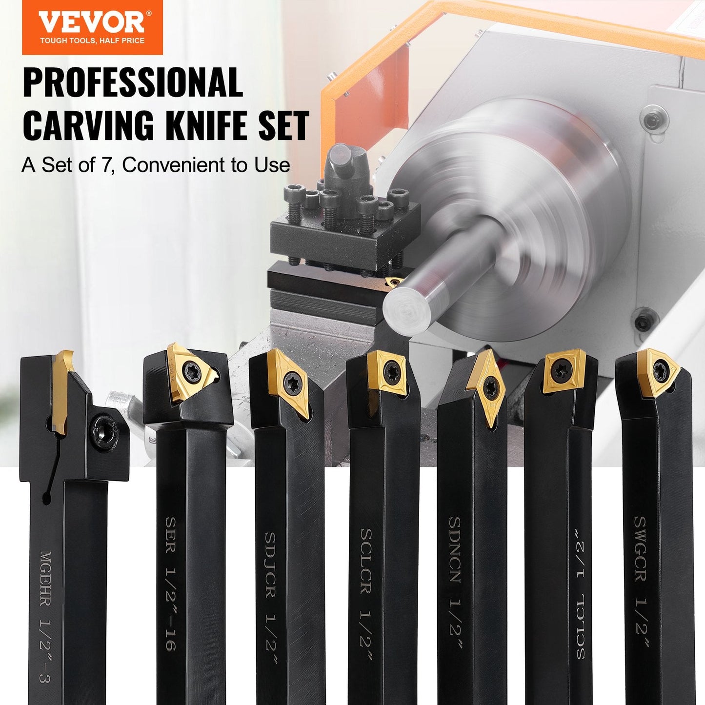 7-Piece Indexable Carbide Lathe Tool Set, 0.5m Holder, High Precision & Durable
