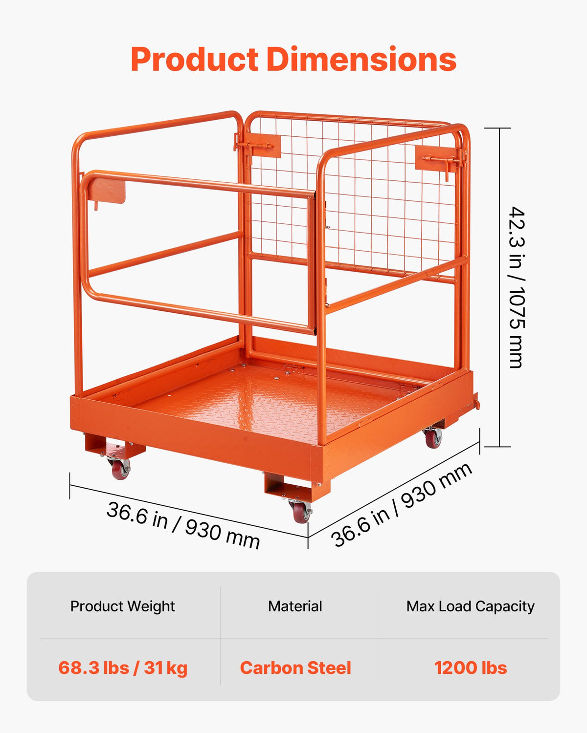 Forklift Safety Cage, 930 x 930 mm, Forklift Man Basket with 4 Wheels, 544.31 kg Load Capacity, Heavy Duty Work Platform, Collapsible Lift Basket Safety Set, for Most Aerial Jobs Lifting Loader