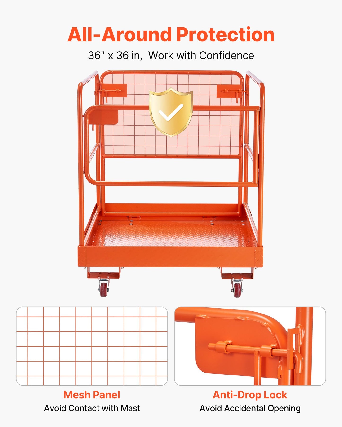 Forklift Safety Cage, 930 x 930 mm, Forklift Man Basket with 4 Wheels, 544.31 kg Load Capacity, Heavy Duty Work Platform, Collapsible Lift Basket Safety Set, for Most Aerial Jobs Lifting Loader
