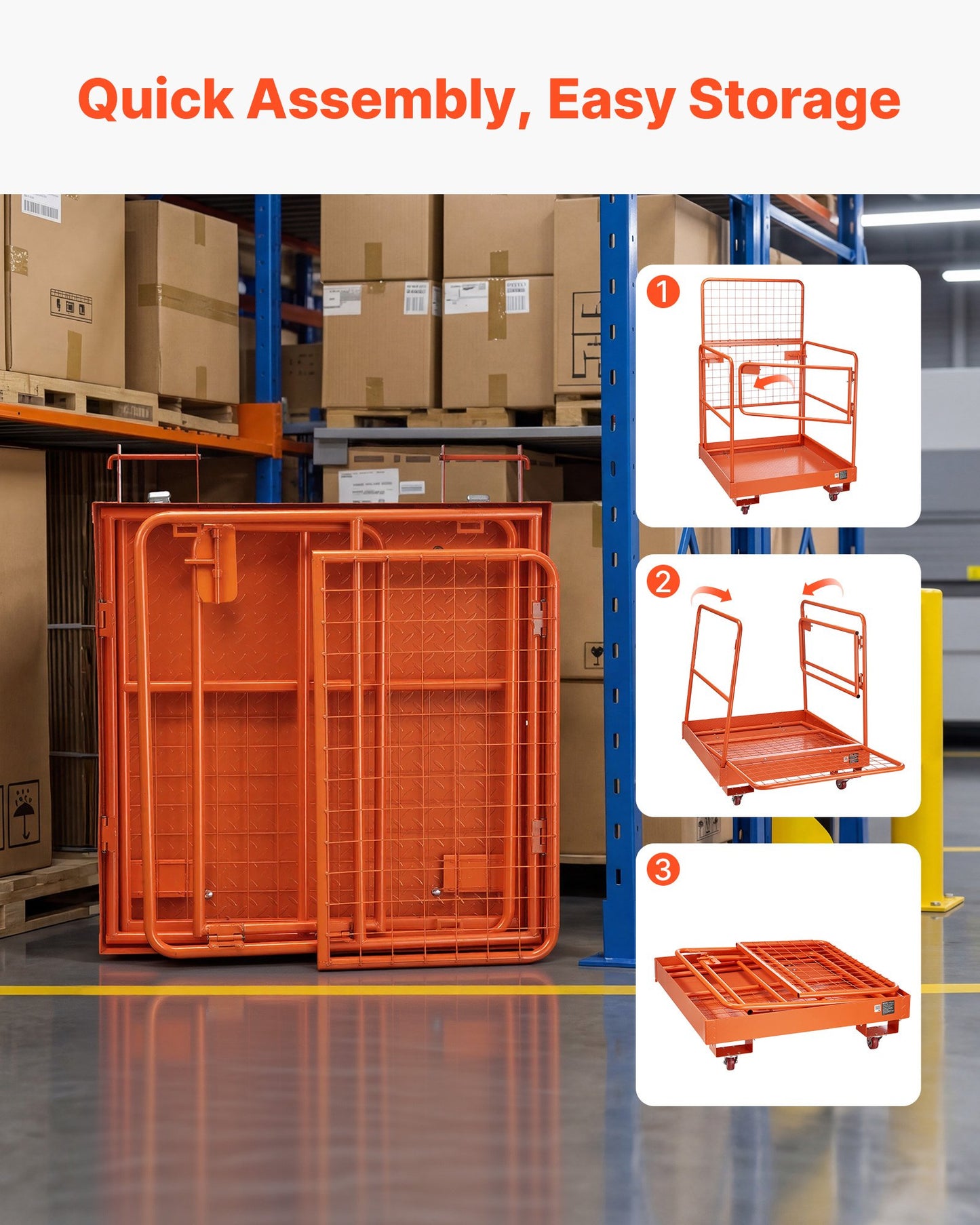 Forklift Safety Cage, 920 x 1045 mm, Forklift Man Basket with 4 Wheels, 544.31 kg Load Capacity, Heavy Duty Work Platform Collapsible Lift Basket, Safety Harness, for Aerial Work Lifting Loader