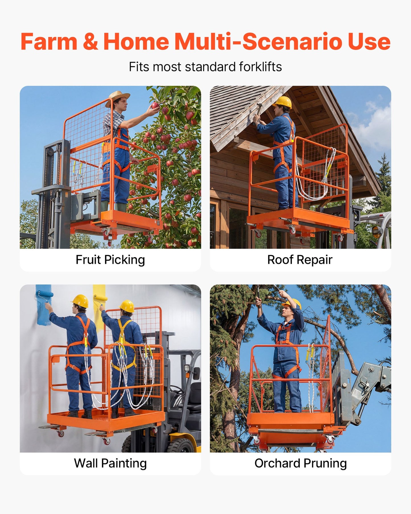 Forklift Safety Cage, 920 x 1045 mm, Forklift Man Basket with 4 Wheels, 544.31 kg Load Capacity, Heavy Duty Work Platform Collapsible Lift Basket, Safety Harness, for Aerial Work Lifting Loader
