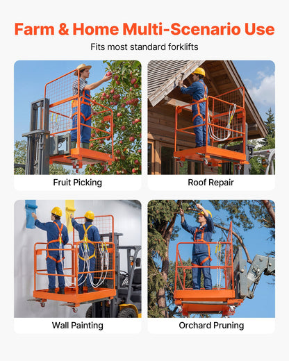 Forklift Safety Cage, 920 x 1045 mm, Forklift Man Basket with 4 Wheels, 544.31 kg Load Capacity, Heavy Duty Work Platform Collapsible Lift Basket, Safety Harness, for Aerial Work Lifting Loader