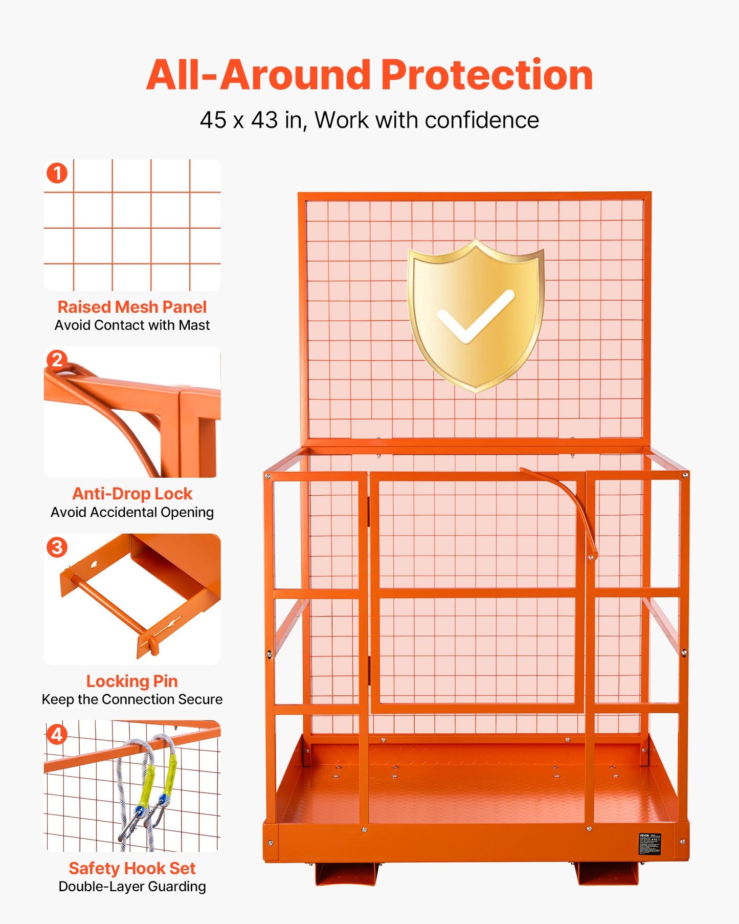 Forklift Safety Cage, 1225 x 1148 mm, Heavy Duty Forklift Man Basket, 635.03 kg Capacity Collapsible Work Platform Lift Basket with Safety Harness & Lock, for Most Aerial Jobs Lifting Loader