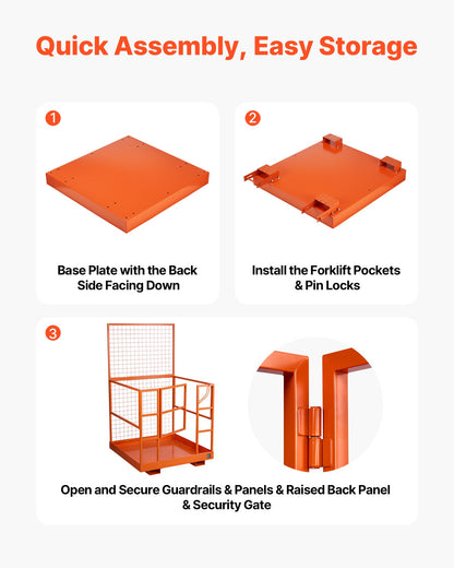 Forklift Safety Cage, 1225 x 1148 mm, Heavy Duty Forklift Man Basket, 635.03 kg Capacity Collapsible Work Platform Lift Basket with Safety Harness & Lock, for Most Aerial Jobs Lifting Loader