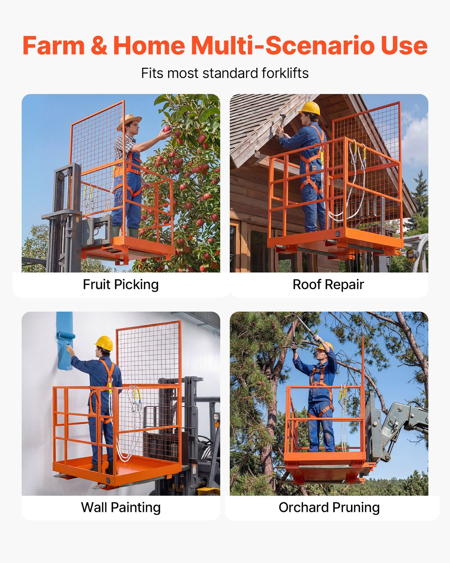 Forklift Safety Cage, 1225 x 1148 mm, Heavy Duty Forklift Man Basket, 635.03 kg Capacity Collapsible Work Platform Lift Basket with Safety Harness & Lock, for Most Aerial Jobs Lifting Loader