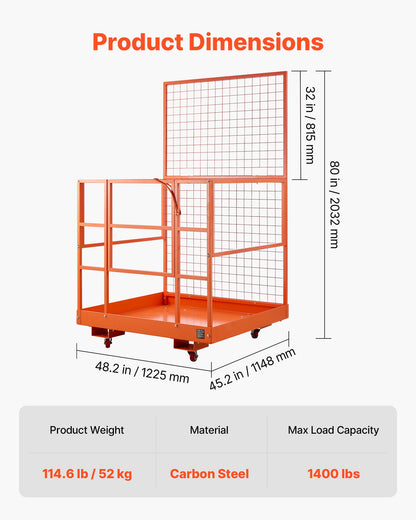 Forklift Safety Cage, 1225 x 1148 mm, Heavy Duty Forklift Man Basket, 635.03 kg Capacity Work Platform Lift Basket with Safety Harness, Lock, Wheels, Drain Hole, for Aerial Work Lifting Loader