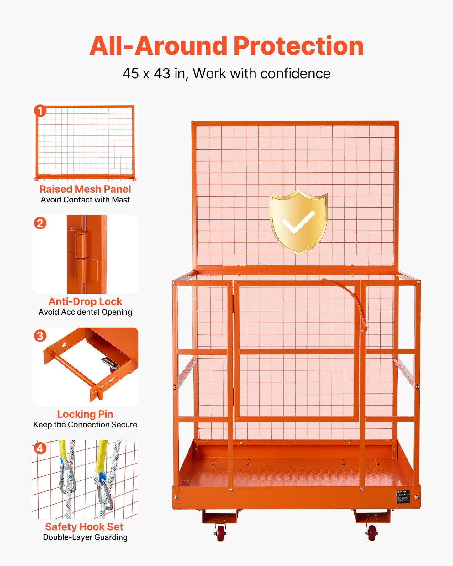Forklift Safety Cage, 1225 x 1148 mm, Heavy Duty Forklift Man Basket, 635.03 kg Capacity Work Platform Lift Basket with Safety Harness, Lock, Wheels, Drain Hole, for Aerial Work Lifting Loader