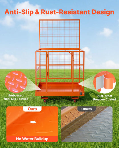 Forklift Safety Cage, 1225 x 1148 mm, Heavy Duty Forklift Man Basket, 635.03 kg Capacity Work Platform Lift Basket with Safety Harness, Lock, Wheels, Drain Hole, for Aerial Work Lifting Loader