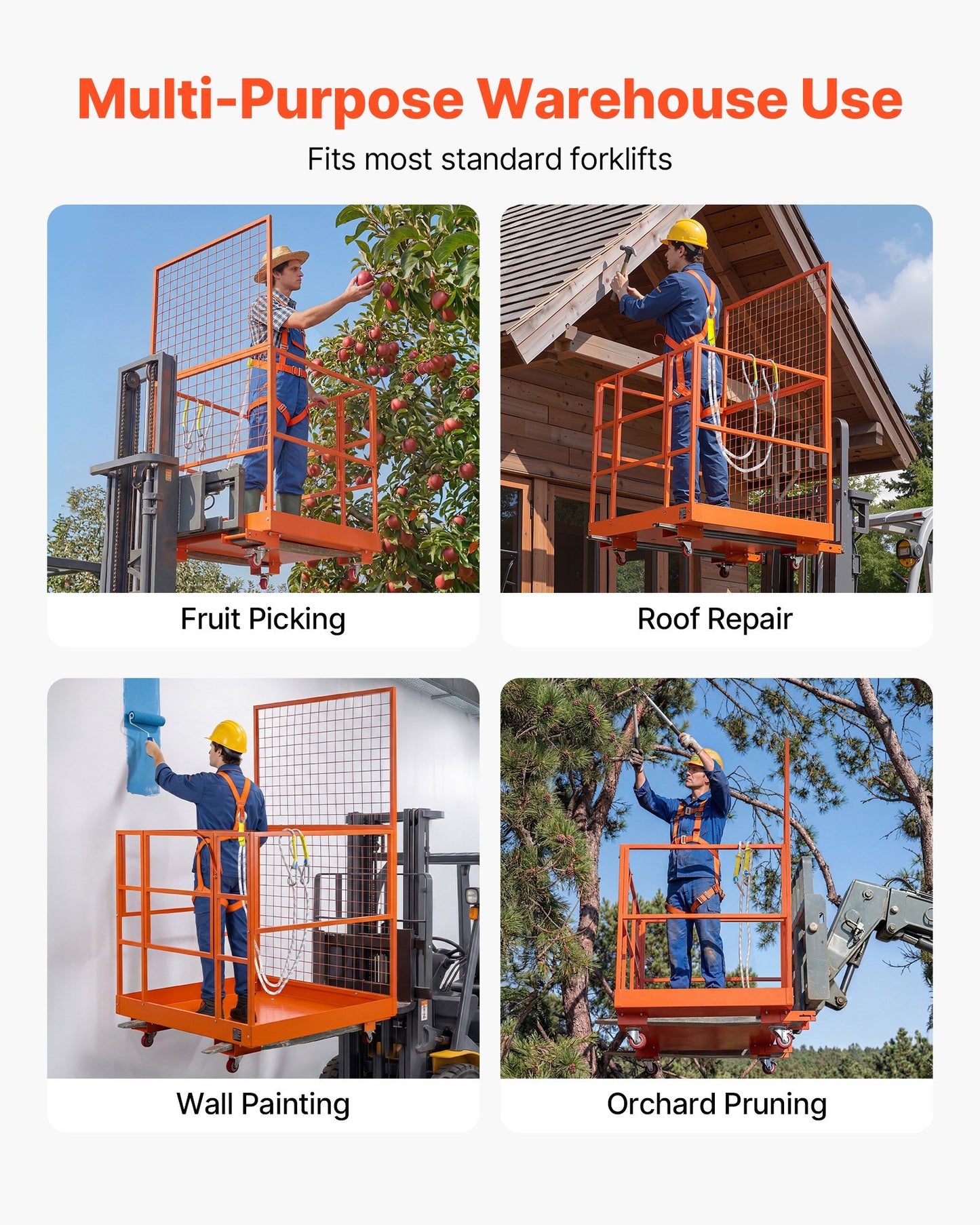 Forklift Safety Cage, 1225 x 1148 mm, Heavy Duty Forklift Man Basket, 635.03 kg Capacity Work Platform Lift Basket with Safety Harness, Lock, Wheels, Drain Hole, for Aerial Work Lifting Loader