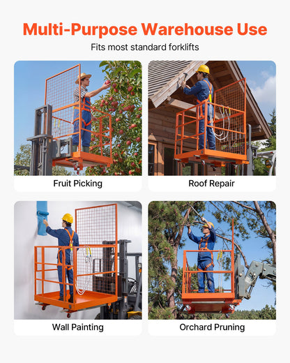 Forklift Safety Cage, 1225 x 1148 mm, Heavy Duty Forklift Man Basket, 635.03 kg Capacity Work Platform Lift Basket with Safety Harness, Lock, Wheels, Drain Hole, for Aerial Work Lifting Loader