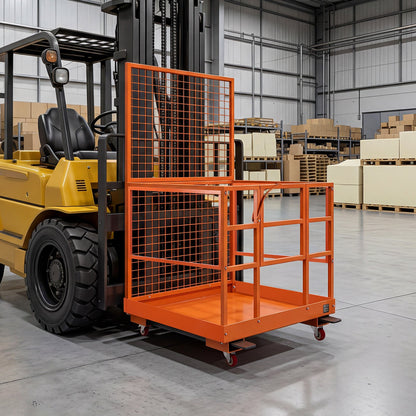 Forklift Safety Cage, 1225 x 1148 mm, Heavy Duty Forklift Man Basket, 635.03 kg Capacity Work Platform Lift Basket with Safety Harness, Lock, Wheels, Drain Hole, for Aerial Work Lifting Loader