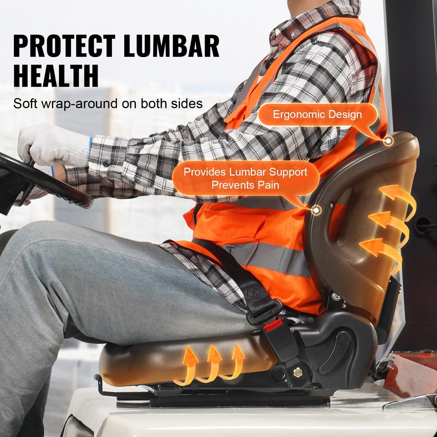 Universal Forklift Seat with Adjustable Backrest and Safety Belt, Black, 12 kg