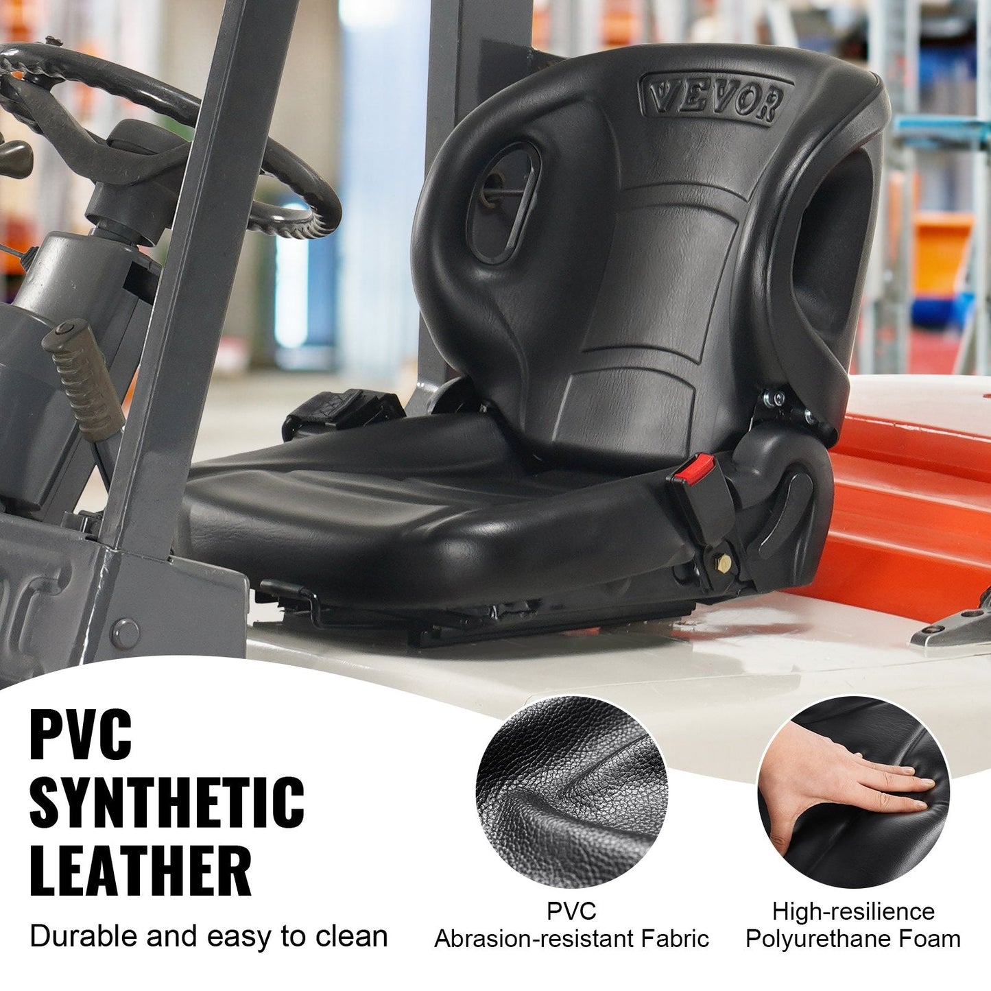 Universal Forklift Seat with Adjustable Backrest and Safety Belt, Black, 12 kg