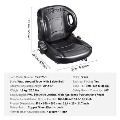 VEVOR Universal Forklift Seat Wrap-around Forklift Seat Adjustable Back Seatbelt