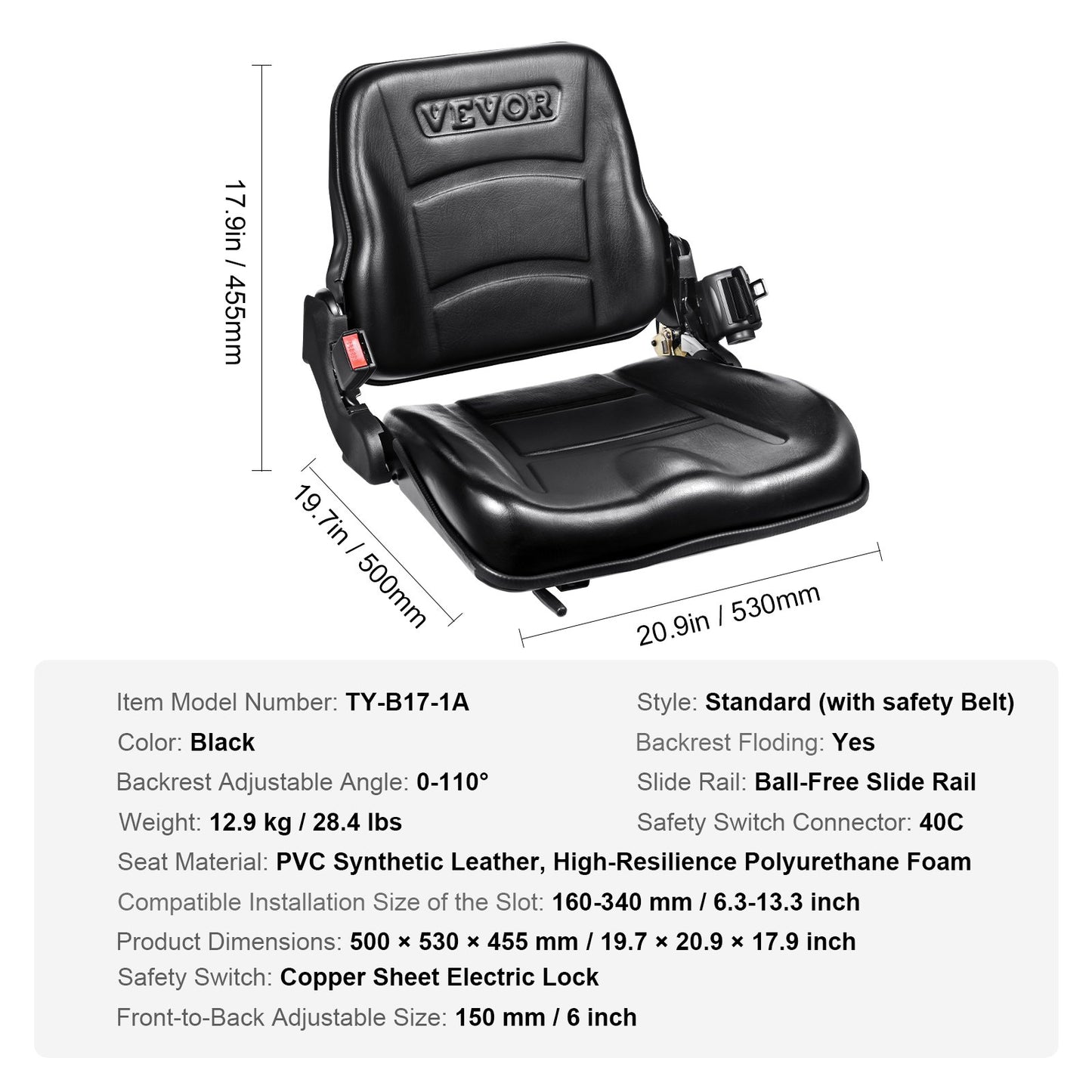 VEVOR Universal Forklift Seat, Fold Down Tractor Seat with Adjustable Angle Back,