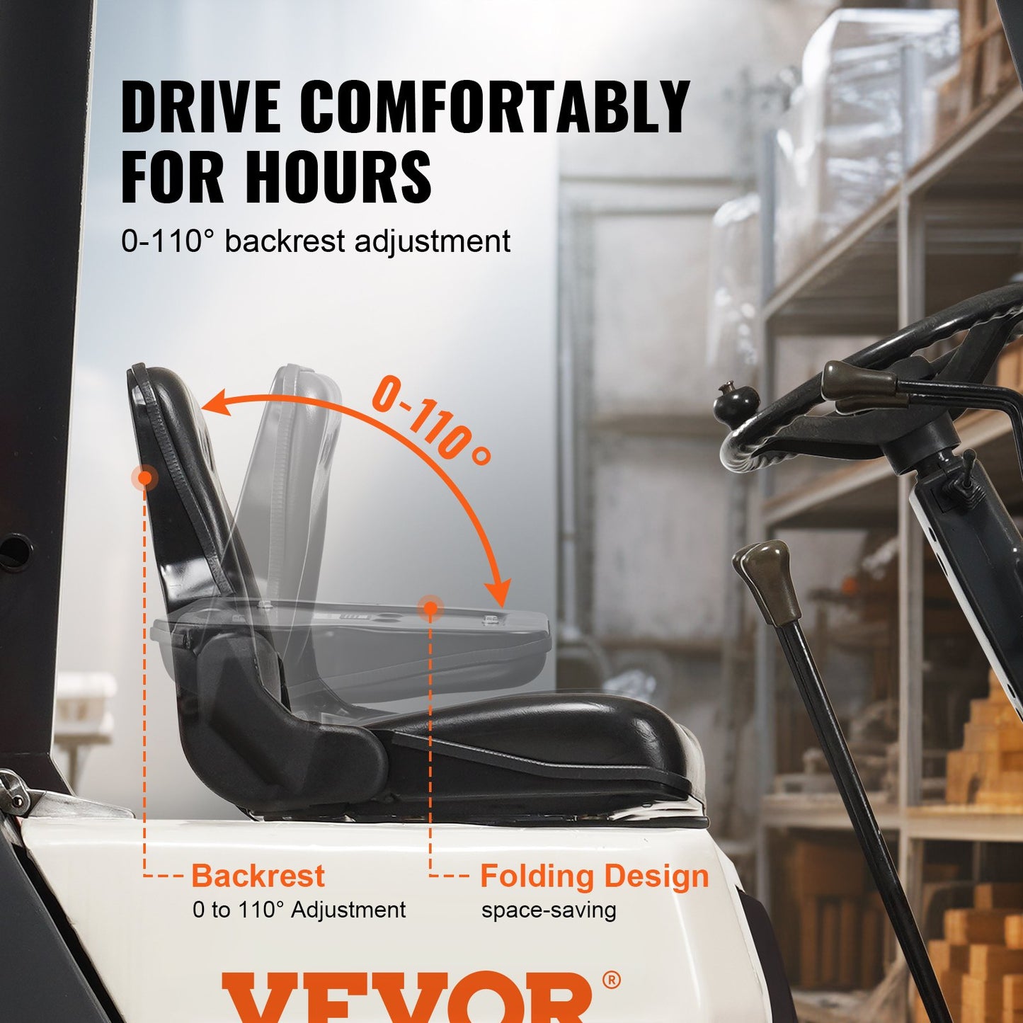 VEVOR Universal Forklift Seat, Fold Down Tractor Seat with Adjustable Angle Back