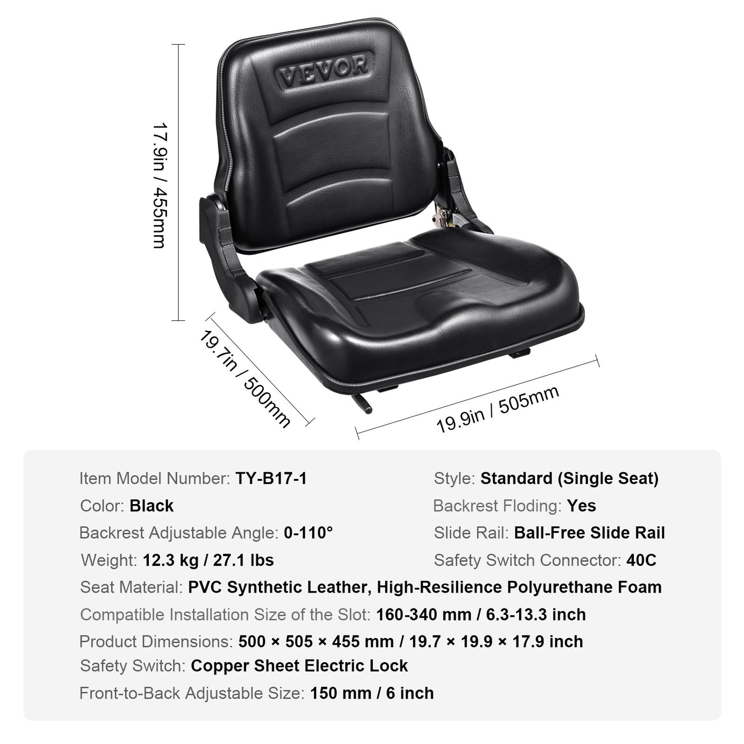 VEVOR Universal Forklift Seat, Fold Down Tractor Seat with Adjustable Angle Back