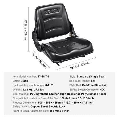 VEVOR Universal Forklift Seat, Fold Down Tractor Seat with Adjustable Angle Back