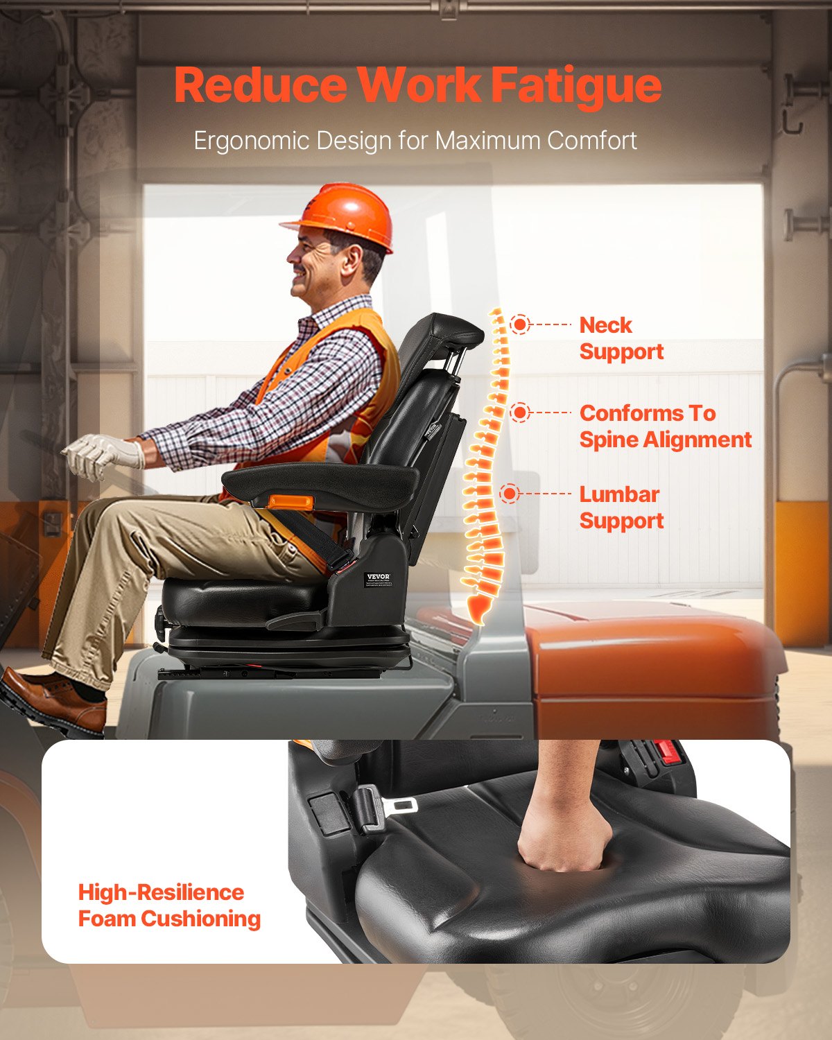VEVOR Forklift Seat Fold Down Tractor Suspension Seat Adjustable Back & Headrest