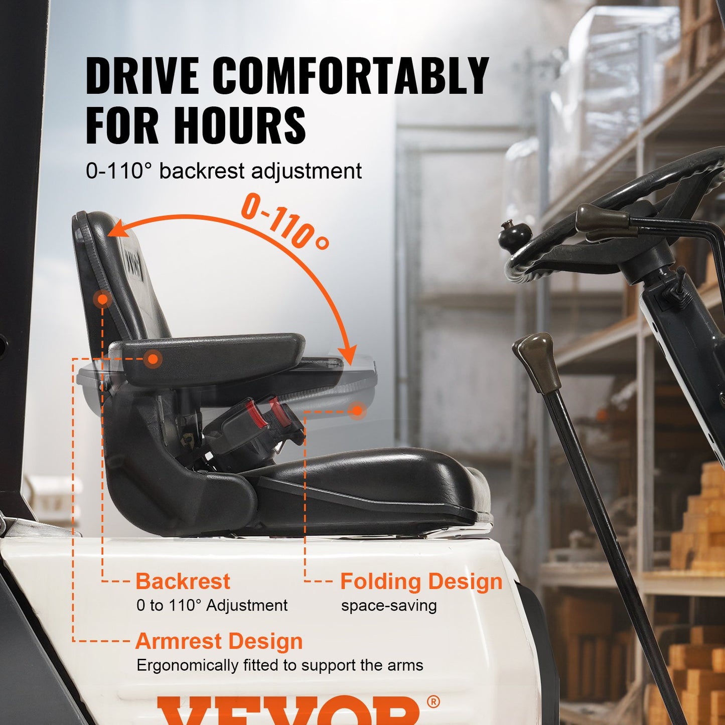 VEVOR Universal Forklift Seat, Fold Down Tractor Seat with Adjustable Angle Back,