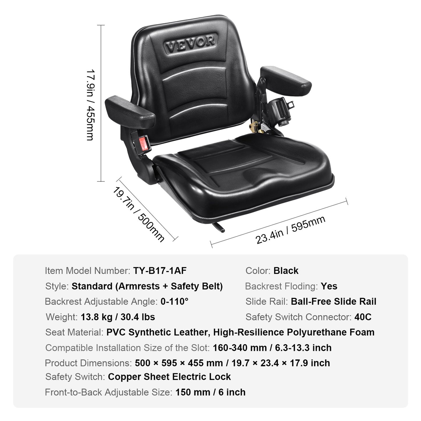 VEVOR Universal Forklift Seat, Fold Down Tractor Seat with Adjustable Angle Back,