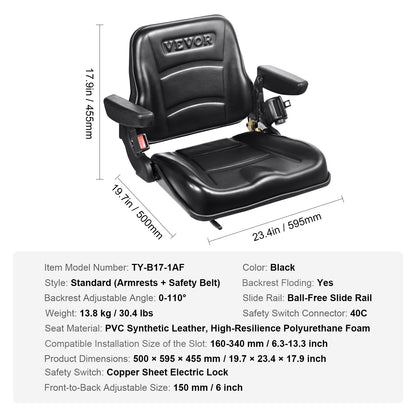 VEVOR Universal Forklift Seat, Fold Down Tractor Seat with Adjustable Angle Back,