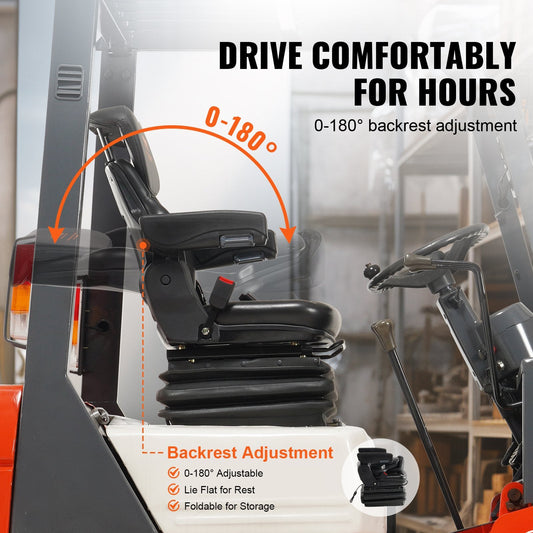 Adjustable Universal Tractor Seat with Seatbelt and Armrests, 33.1 kg, Black