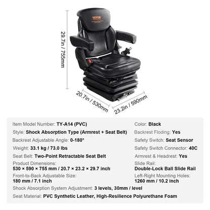 VEVOR Universal Forklift Seat Adjustable Tractor Seat with Seatbelt Armrests