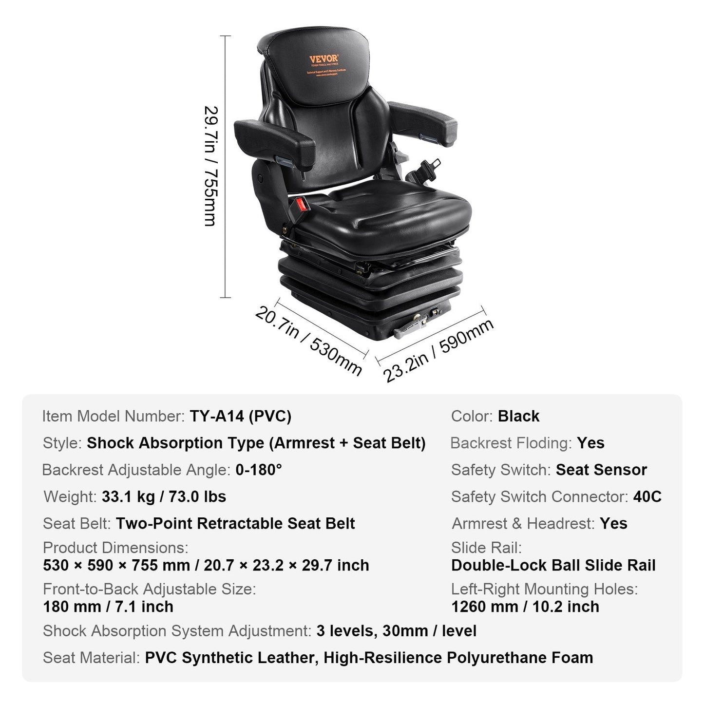 Adjustable Universal Tractor Seat with Seatbelt and Armrests, 33.1 kg, Black