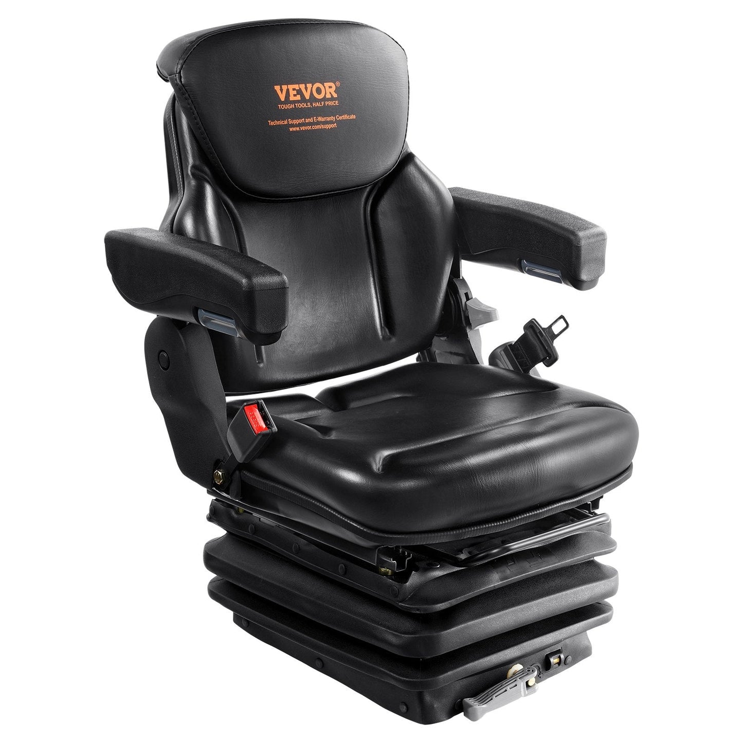 Adjustable Universal Tractor Seat with Seatbelt and Armrests, 33.1 kg, Black