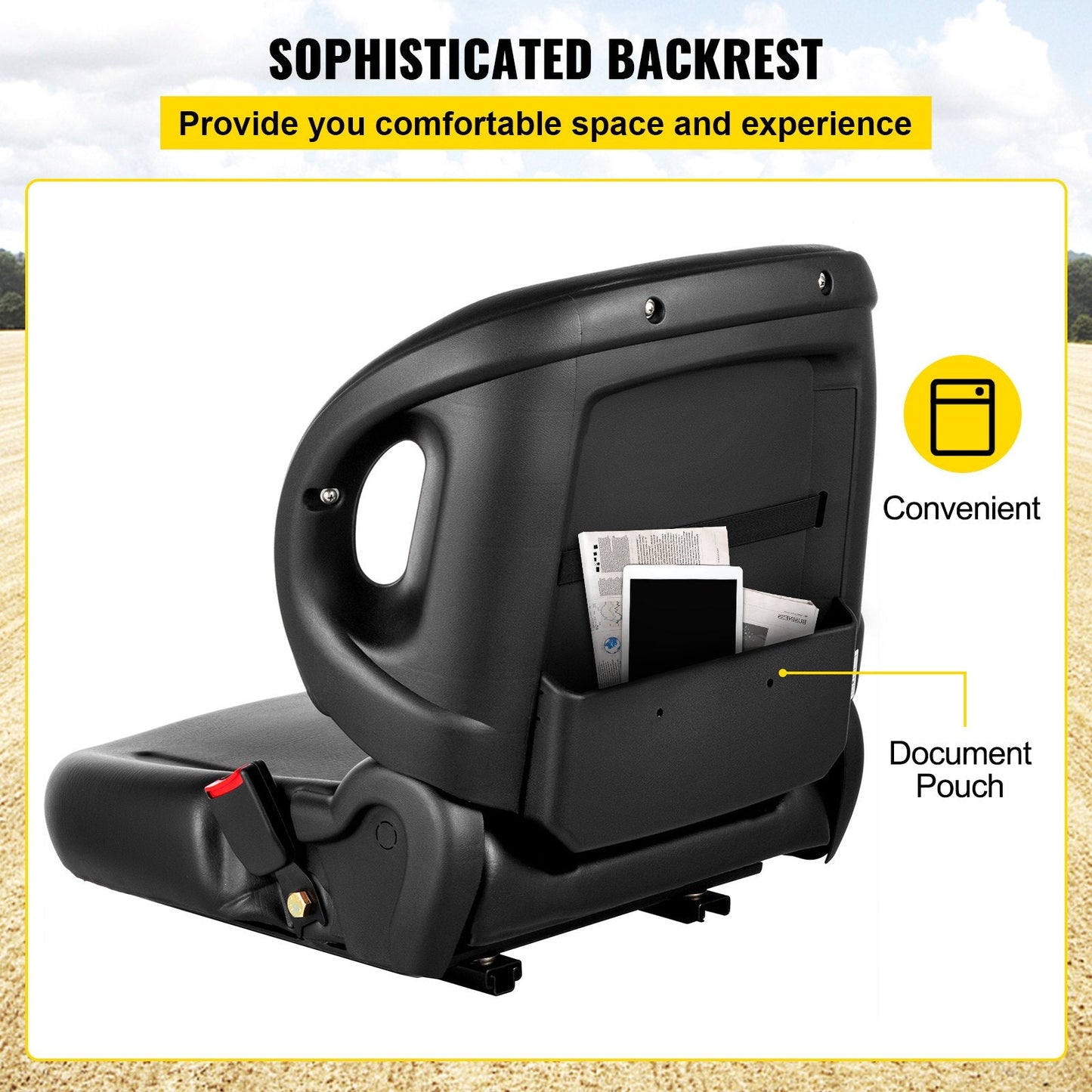 Universal Black Tractor Seat with Retractable Belt, Compatible with Various Models