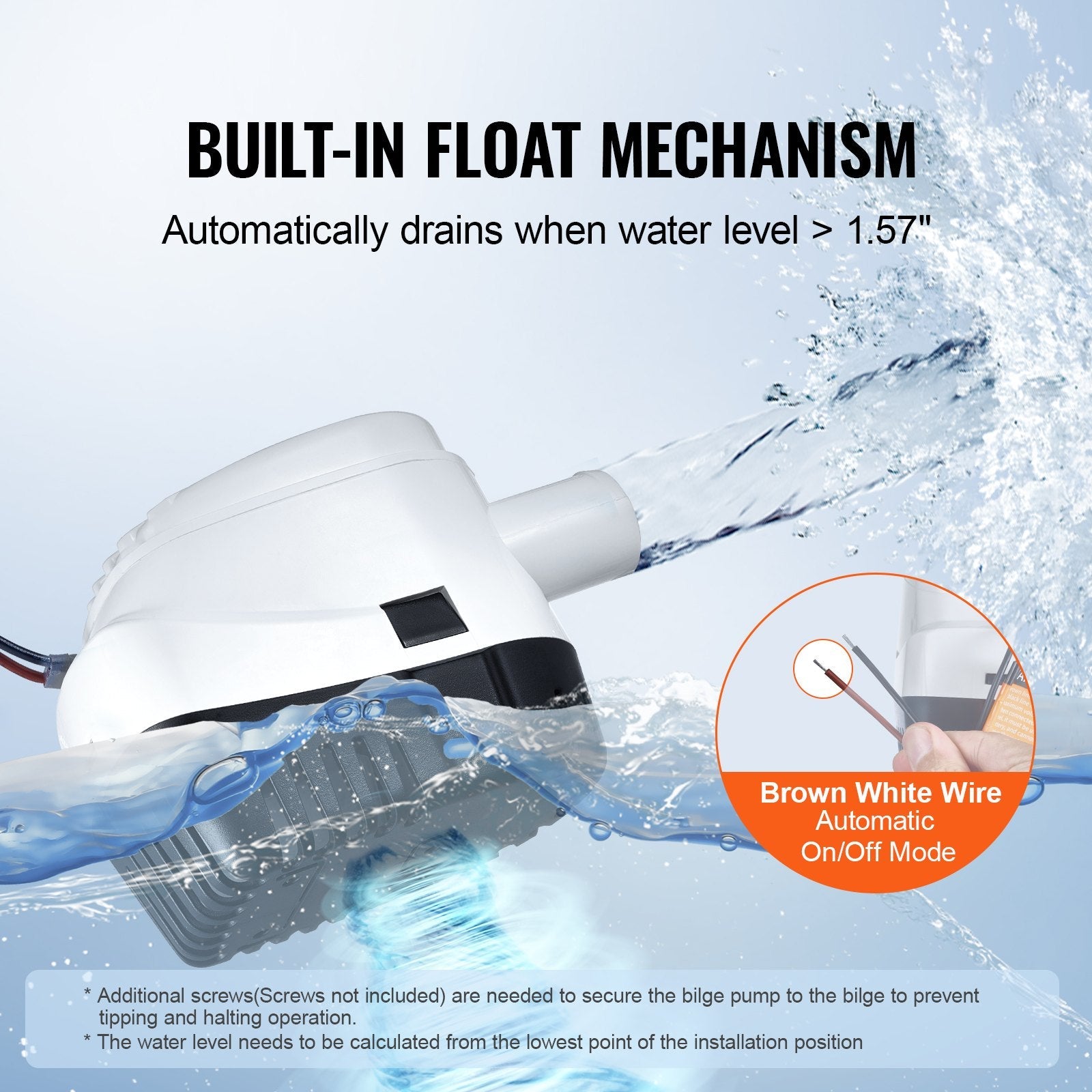 Automatic float switch starts and stops the 12V bilge pump as water levels change