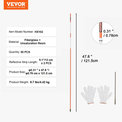 Orange Fiberglass Driveway Markers, 50 Pack - 1.2 m with Reflective Strips