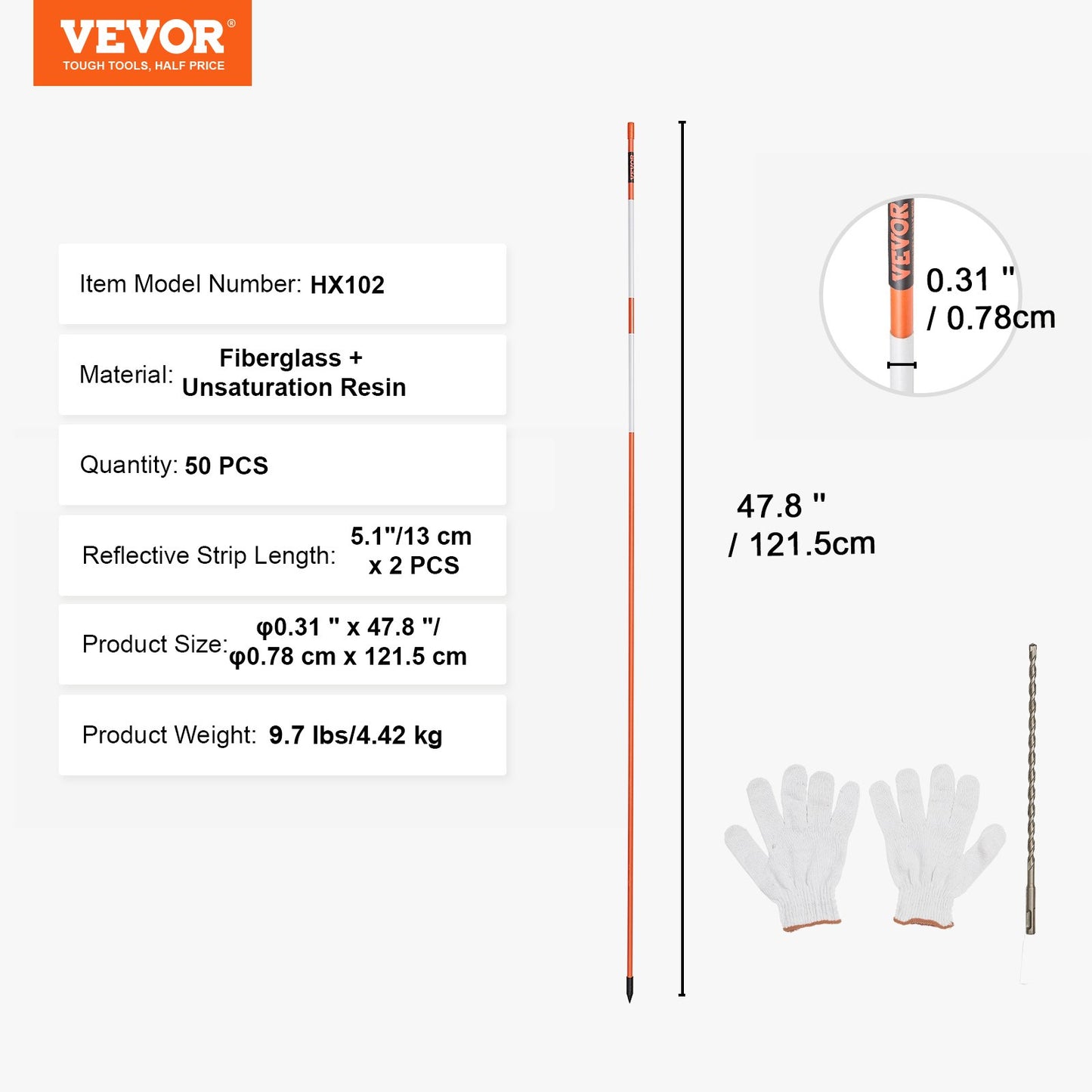 VEVOR Driveway Markers, 50 PCS 121.5 cm, 0.78 cm Diameter Orange Fiberglass Poles
