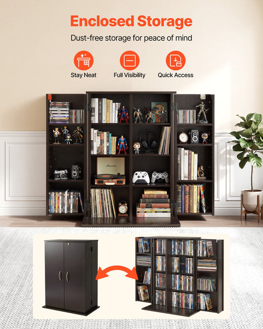 Media Storage Cabinet, 4-Tier DVD Shelf Organizer, 610 x 368 x 846 mm Multimedia Storage Organizer for CDs, DVDs, Books, Games, CD Shelf for Living Room, Home Office, Recording Room, Brown